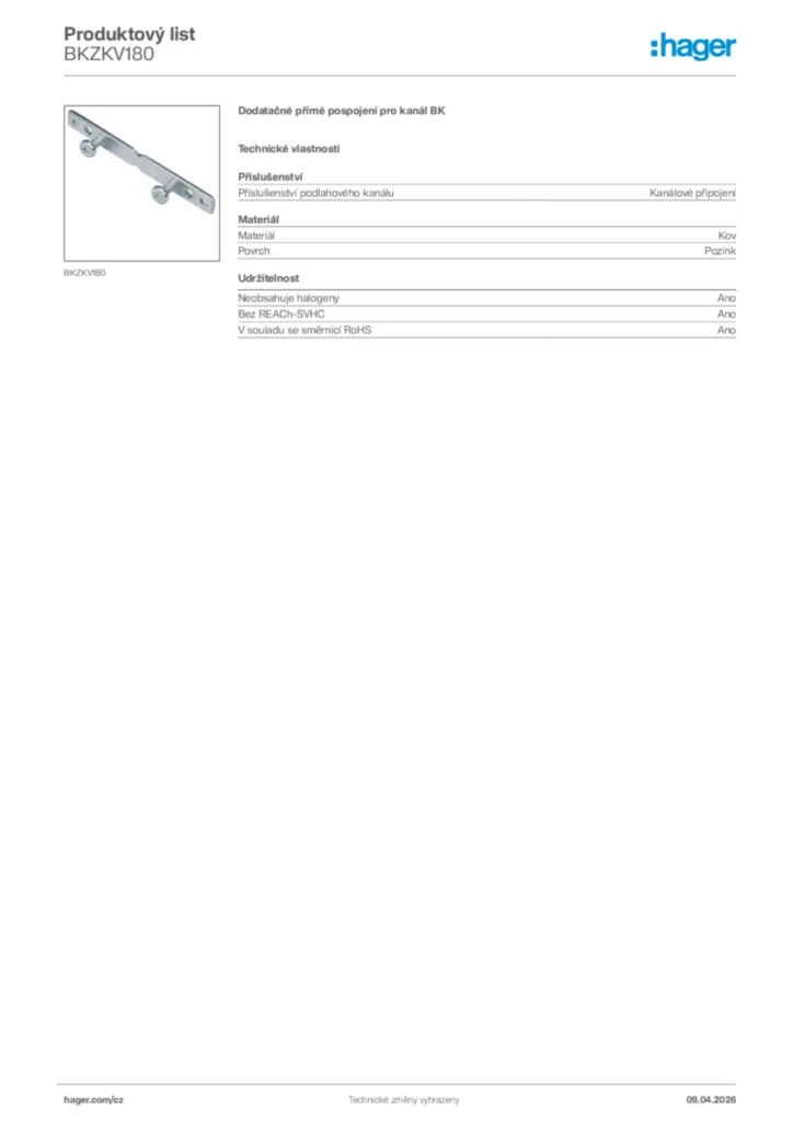 Obrázek Hager Product data sheet BKZKV180 | Hager