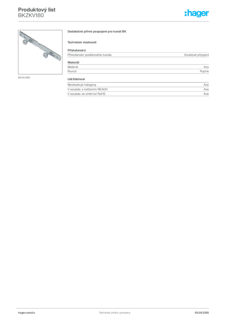 Obrázek Hager Produktový list BKZKV180 | Hager