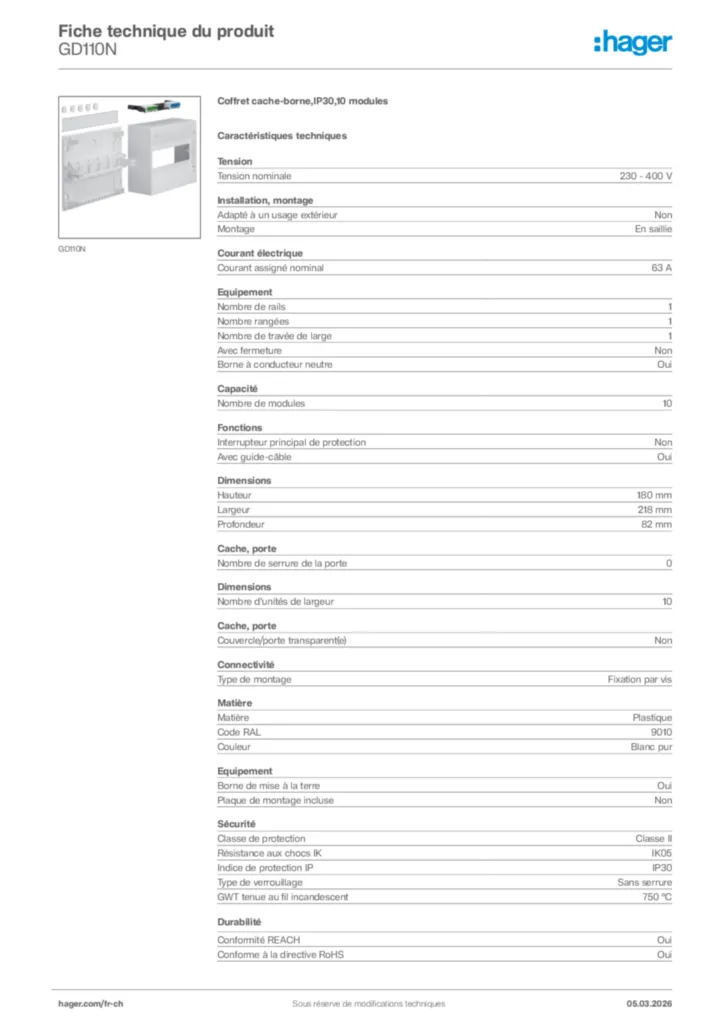 Image Hager Fiche technique du produit GD110N | Hager Suisse