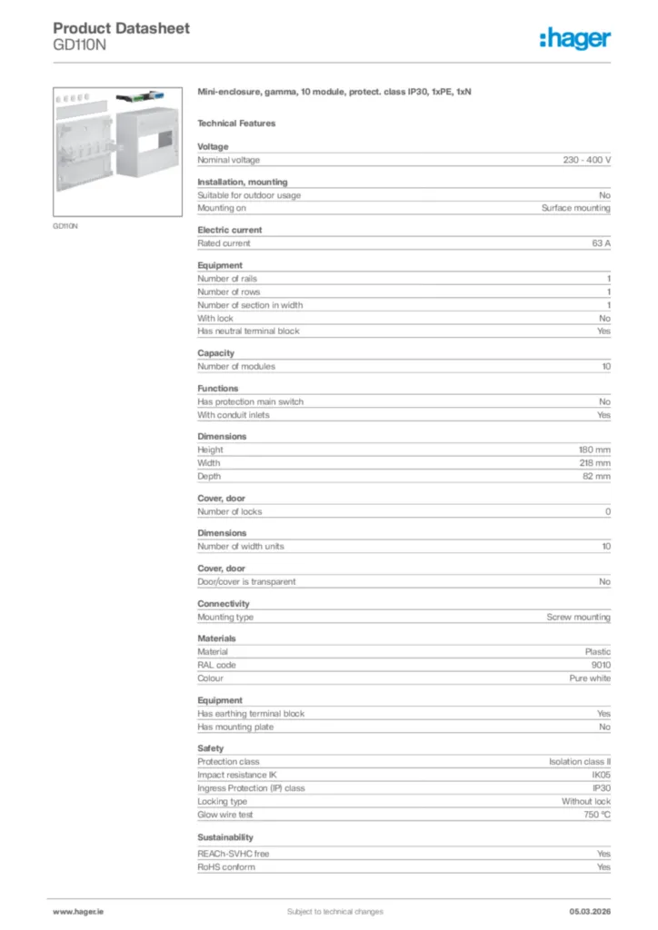 Image Hager Product data sheet GD110N  | Hager
