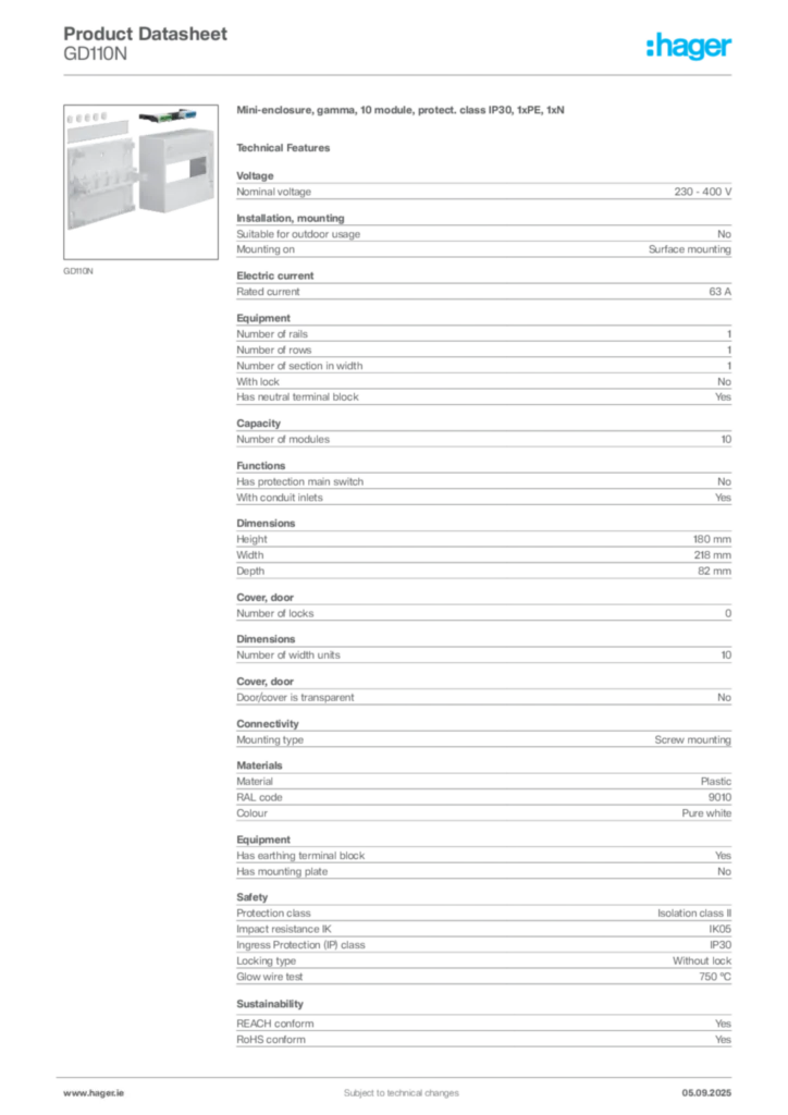 Image Hager Product data sheet GD110N  | Hager