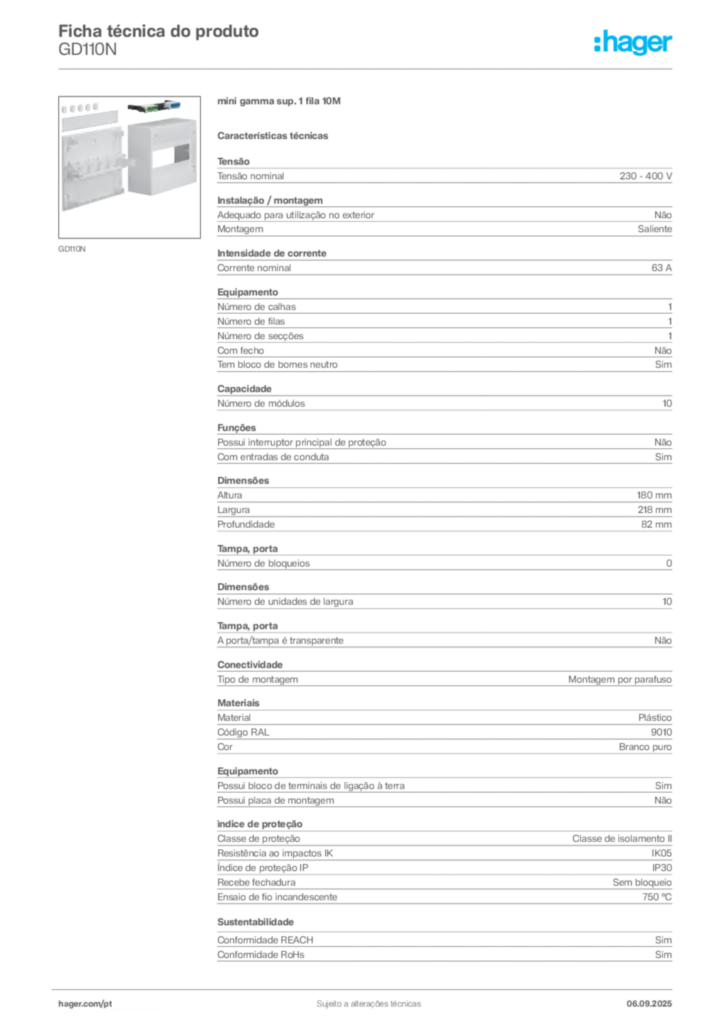 Imagem Hager Ficha técnica do produto GD110N | Hager Portugal