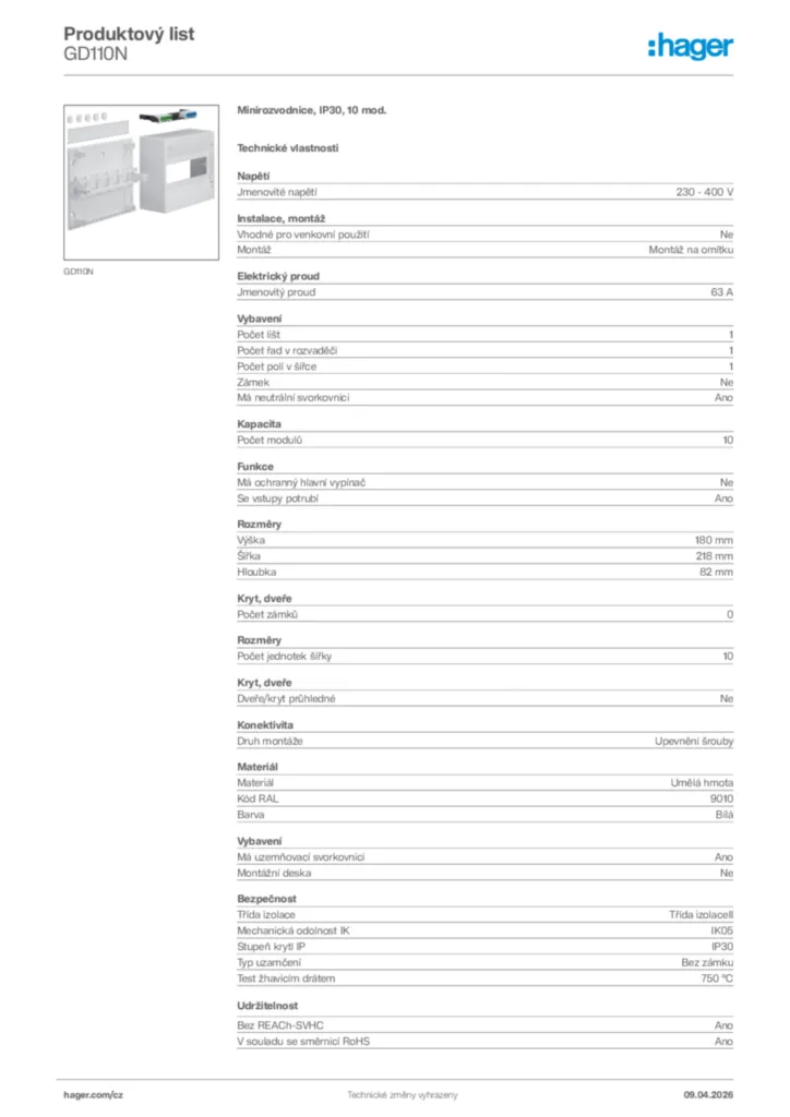Obrázek Hager Product data sheet GD110N | Hager