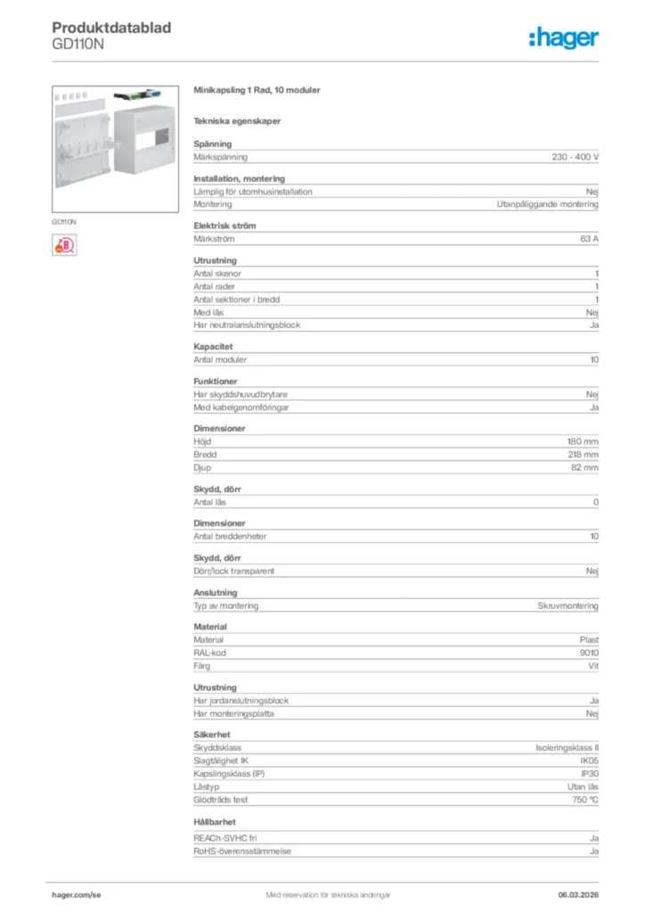 Bild Hager Produktdatablad GD110N | Hager Sverige