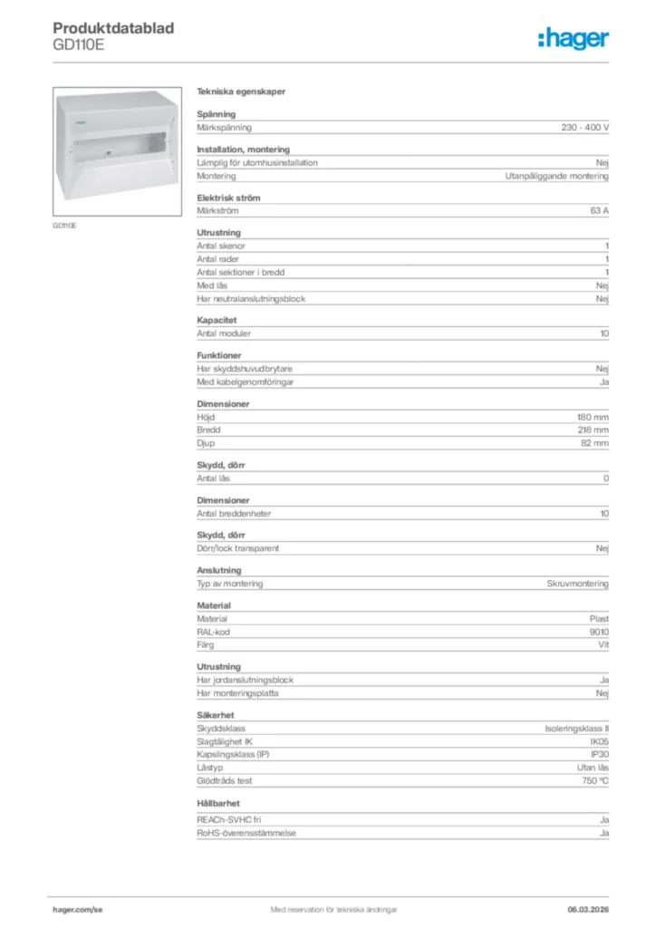 Bild Hager Produktdatablad GD110E | Hager Sverige