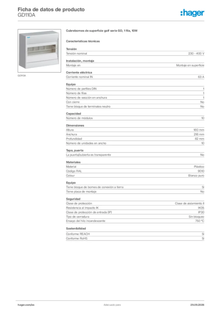 Imagen Hager Ficha de datos de producto GD110A | Hager España