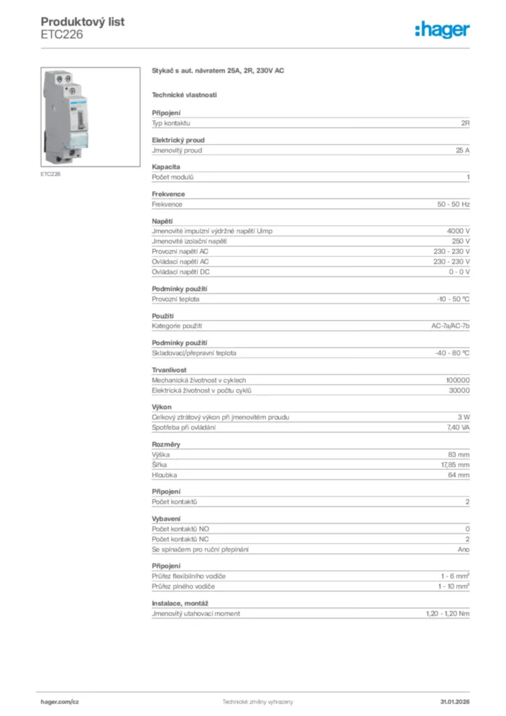 Obrázek Hager Product data sheet ETC226 | Hager