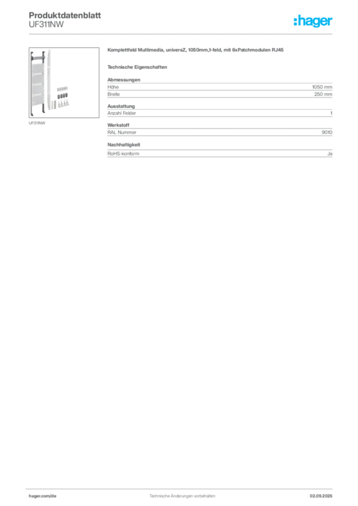 Hager Produktdatenblatt UF311NW