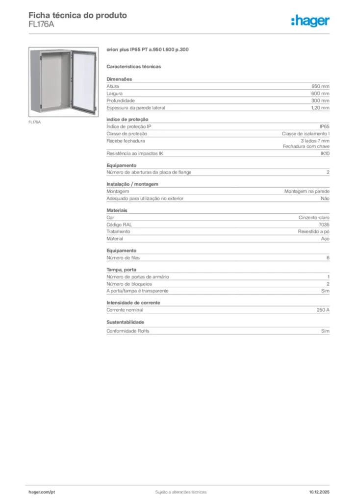 Imagem Hager Ficha técnica do produto FL176A | Hager Portugal