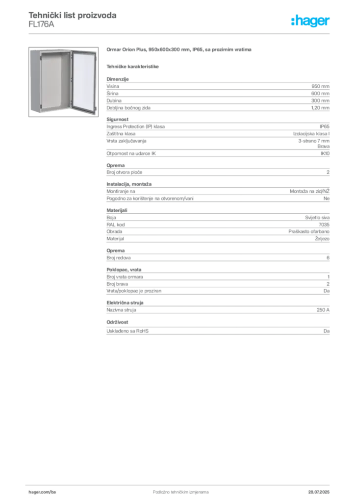 Slika Hager Product data sheet FL176A  | Hager