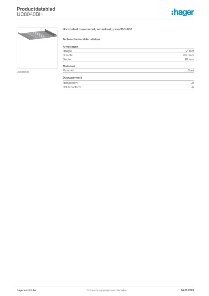 Afbeelding Hager Productdatablad UC8040BH | Hager Belgium