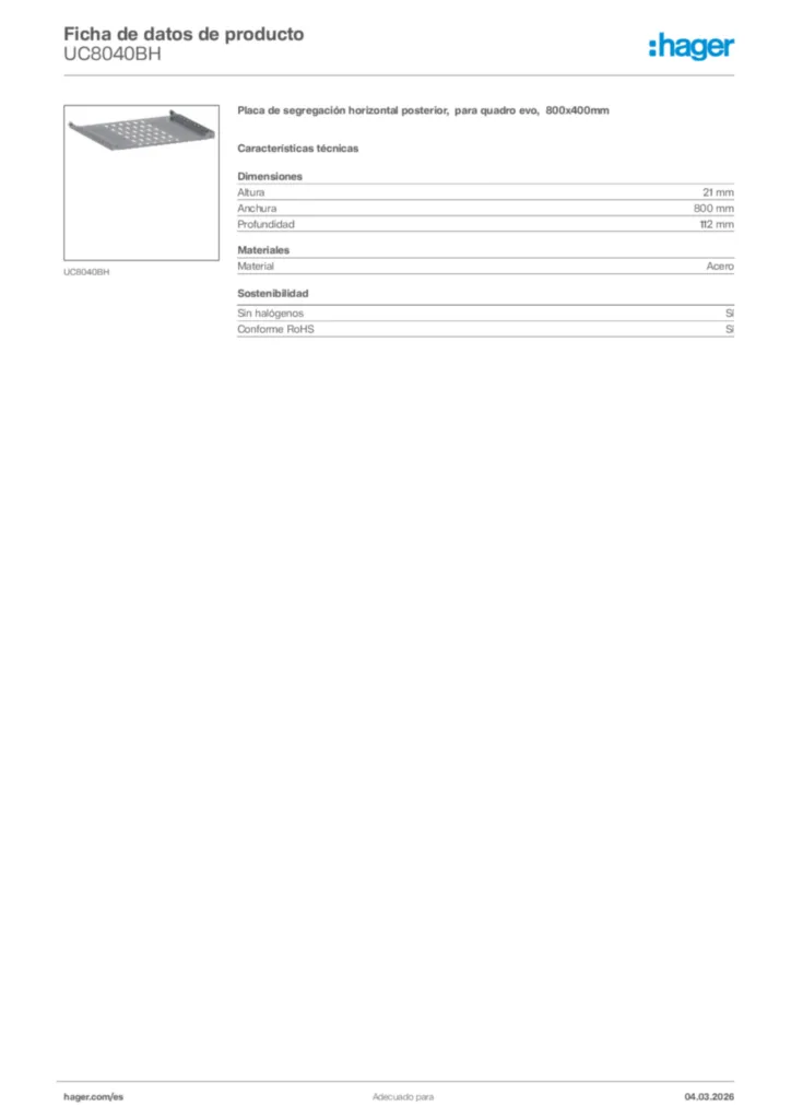 Imagen Hager Ficha de datos de producto UC8040BH | Hager España