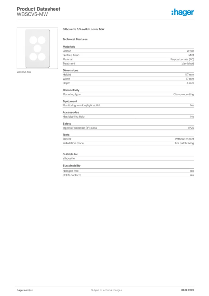Image Hager Product data sheet WBSCV5-MW  | Hager New Zealand