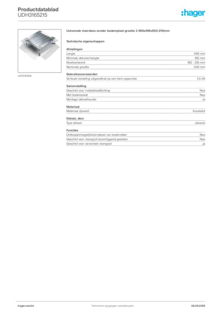 Afbeelding Hager Productdatablad UDH3165215 | Hager Nederland