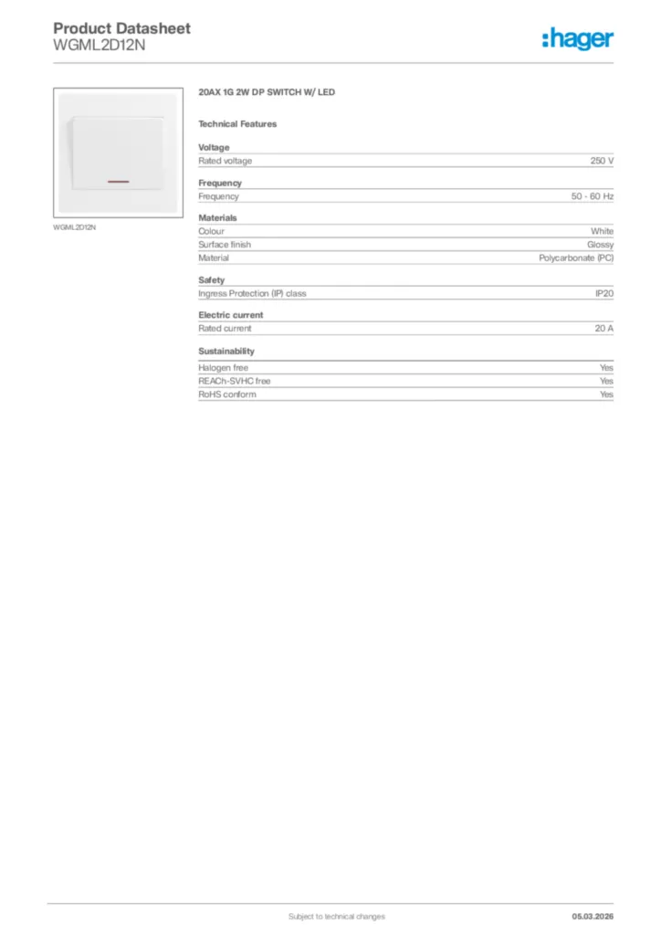 Image Hager Product data sheet WGML2D12N  | Hager Africa