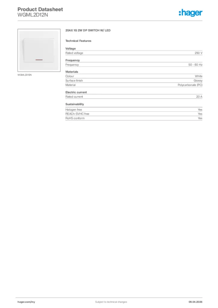 Image Hager Product data sheet WGML2D12N  | Hager