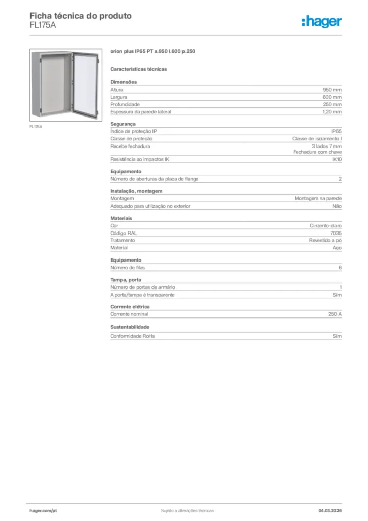 Imagem Hager Ficha técnica do produto FL175A | Hager Portugal