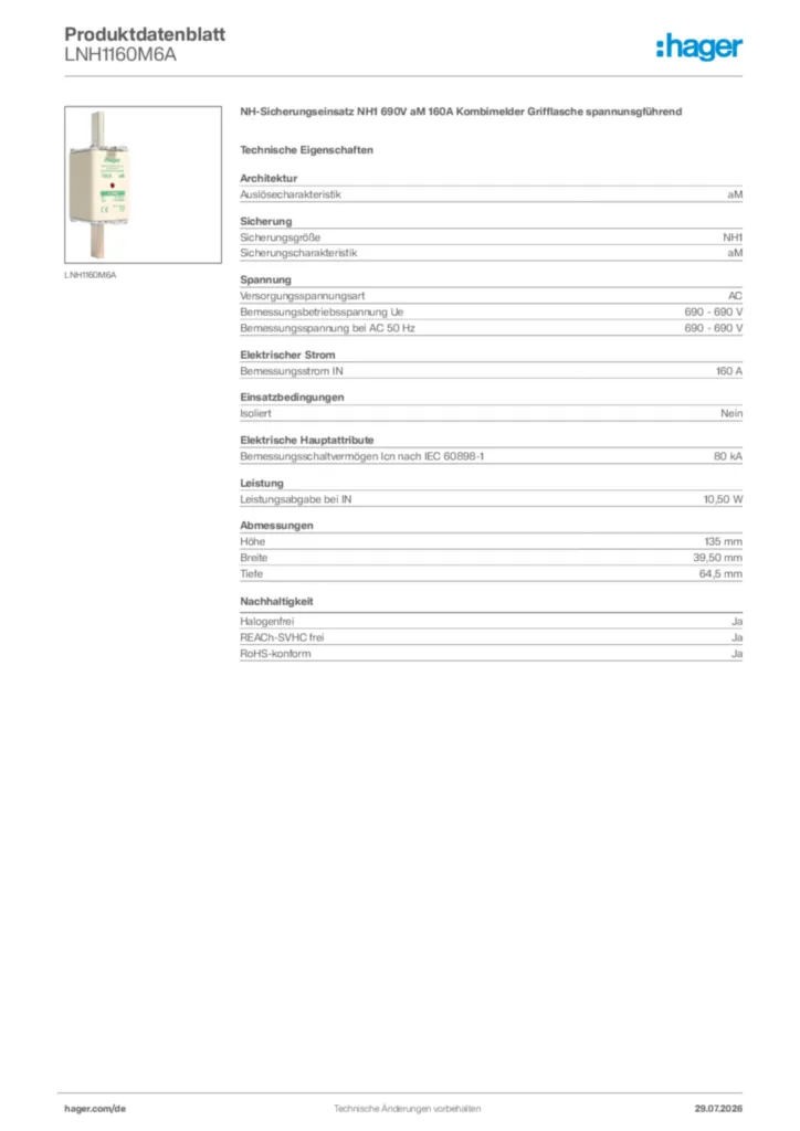 Bild Hager Produktdatenblatt LNH1160M6A | Hager Deutschland