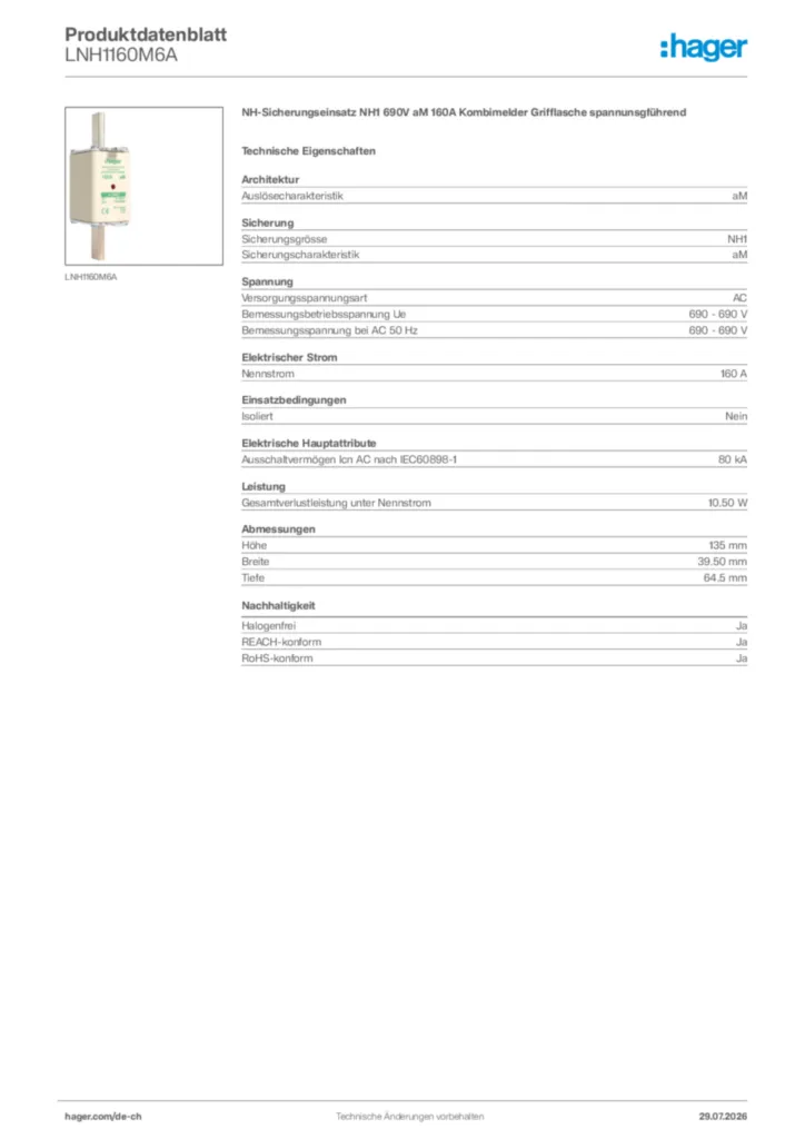 Bild Hager Produktdatenblatt LNH1160M6A | Hager Schweiz
