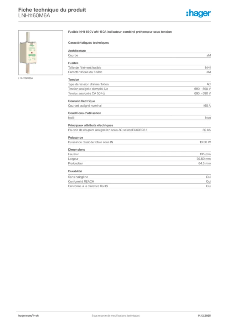 Image Hager Fiche technique du produit LNH1160M6A | Hager Suisse