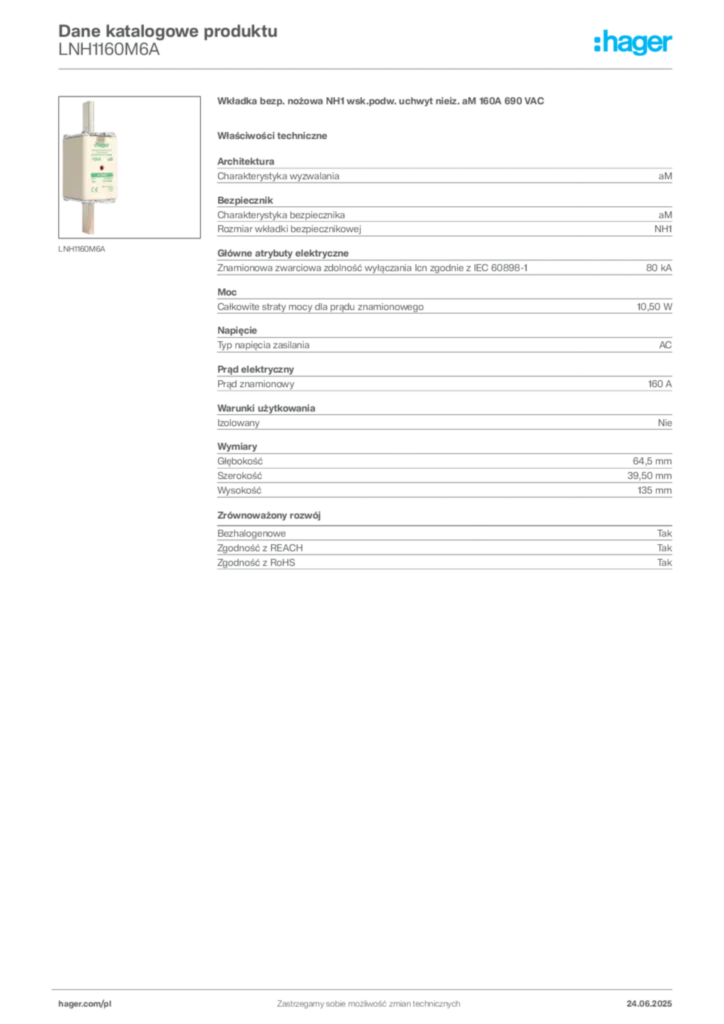Zdjęcie Hager Dane katalogowe produktu LNH1160M6A | Hager Polska