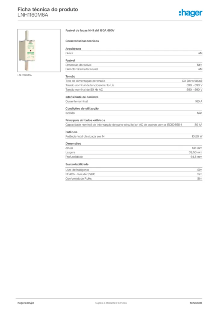 Imagem Hager Ficha técnica do produto LNH1160M6A | Hager Portugal