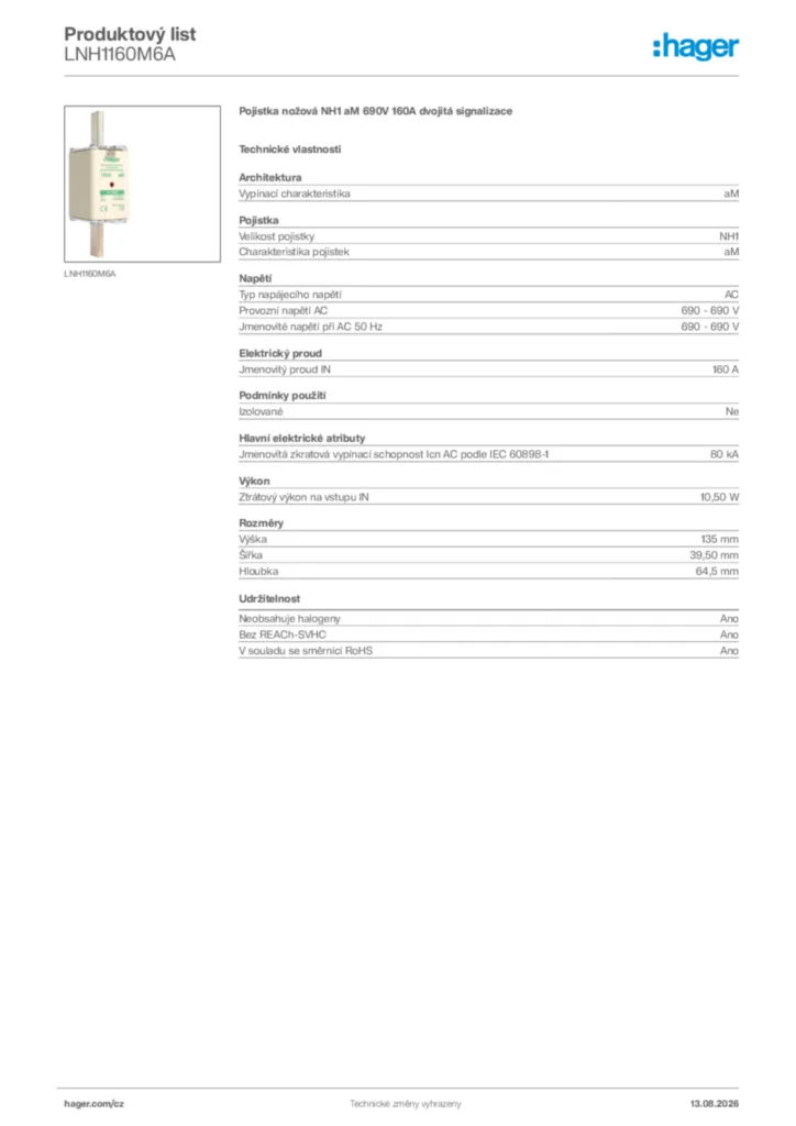 Obrázek Hager Generováno - Datový list produktu LNH1160M6A | Hager