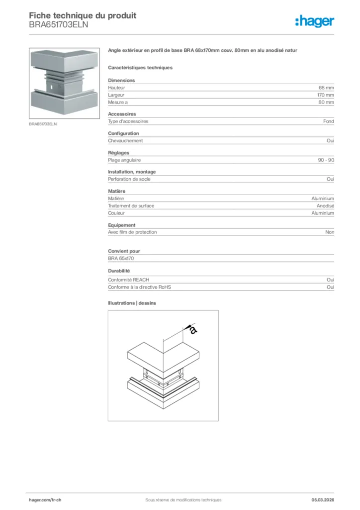 Image Hager Fiche technique du produit BRA651703ELN | Hager Suisse