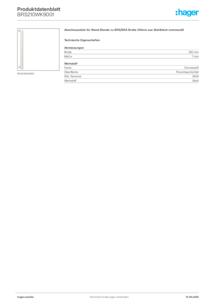Bild Hager Produktdatenblatt BRS210WK9001 | Hager Deutschland