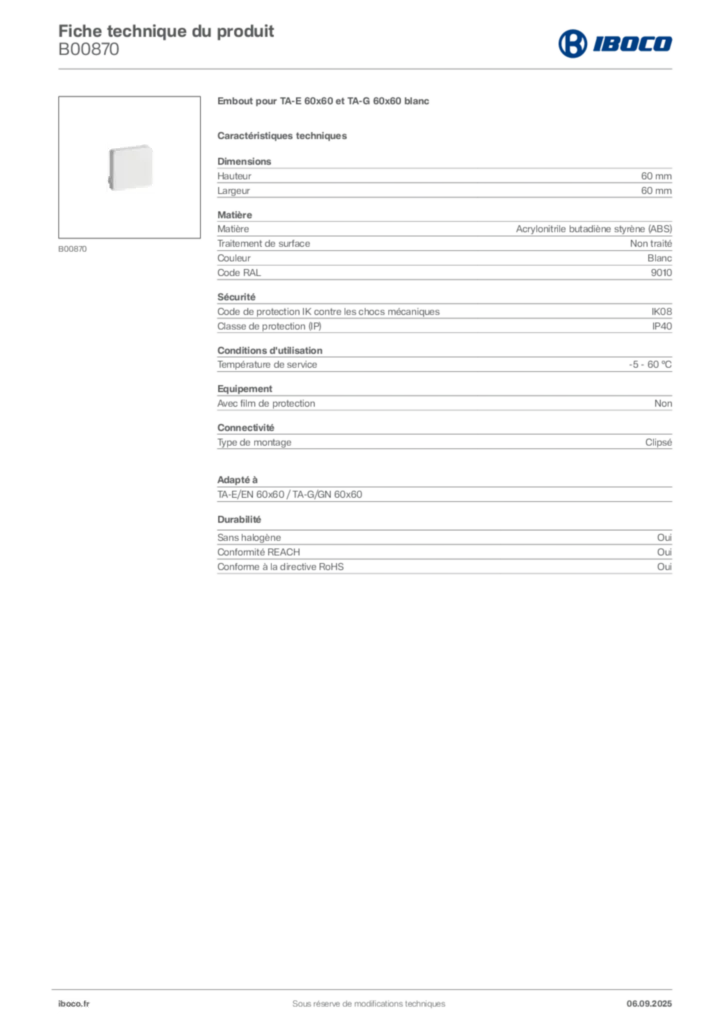 Image Iboco Fiche technique du produit B00870 | Hager France