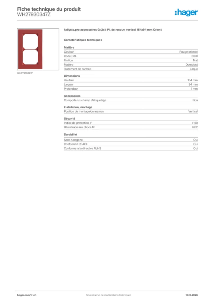 Image Hager Fiche technique du produit WH27930347Z | Hager Suisse