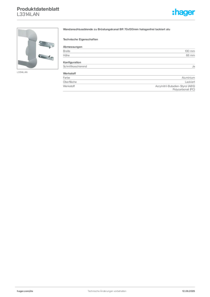 Bild Hager Produktdatenblatt L3314LAN | Hager Deutschland