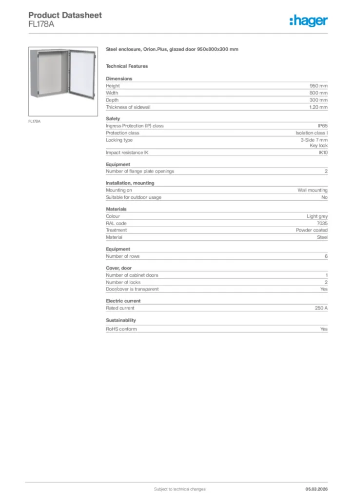 Image Hager Product data sheet FL178A  | Hager Africa