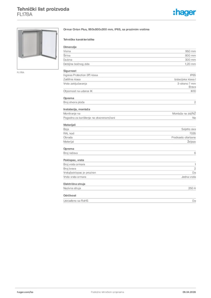 Slika Hager Tehnički list proizvoda FL178A  | Hager