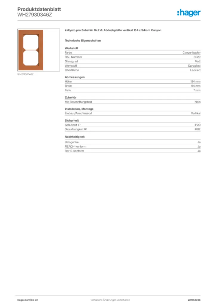 Bild Hager Produktdatenblatt WH27930346Z | Hager Schweiz