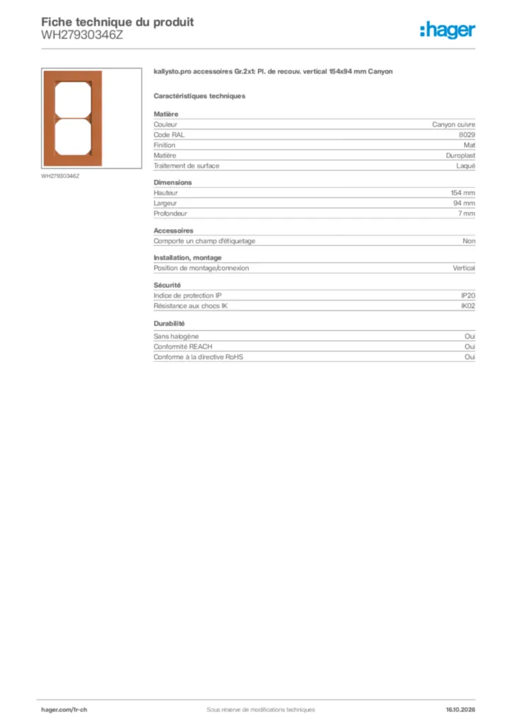 Image Hager Fiche technique du produit WH27930346Z | Hager Suisse