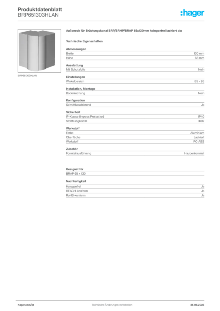 Bild Hager Produktdatenblatt BRP651303HLAN | Hager Deutschland