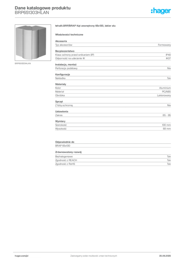 Zdjęcie Hager Dane katalogowe produktu BRP651303HLAN | Hager Polska