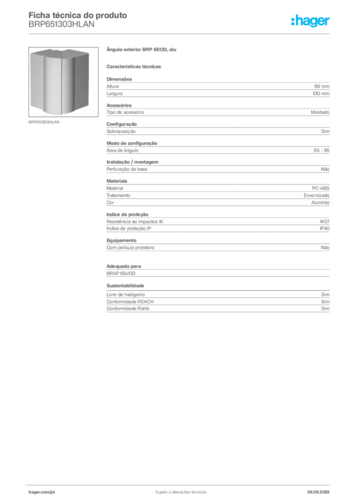 Imagem Hager Ficha técnica do produto BRP651303HLAN | Hager Portugal