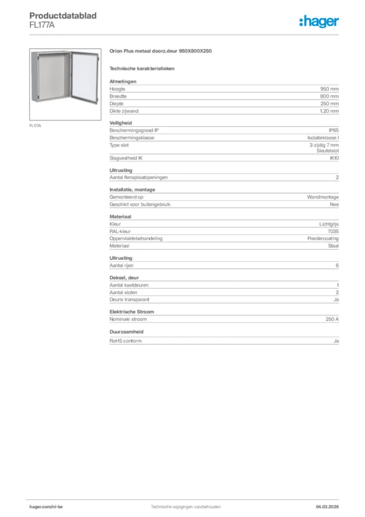 Afbeelding Hager Productdatablad FL177A | Hager Belgium