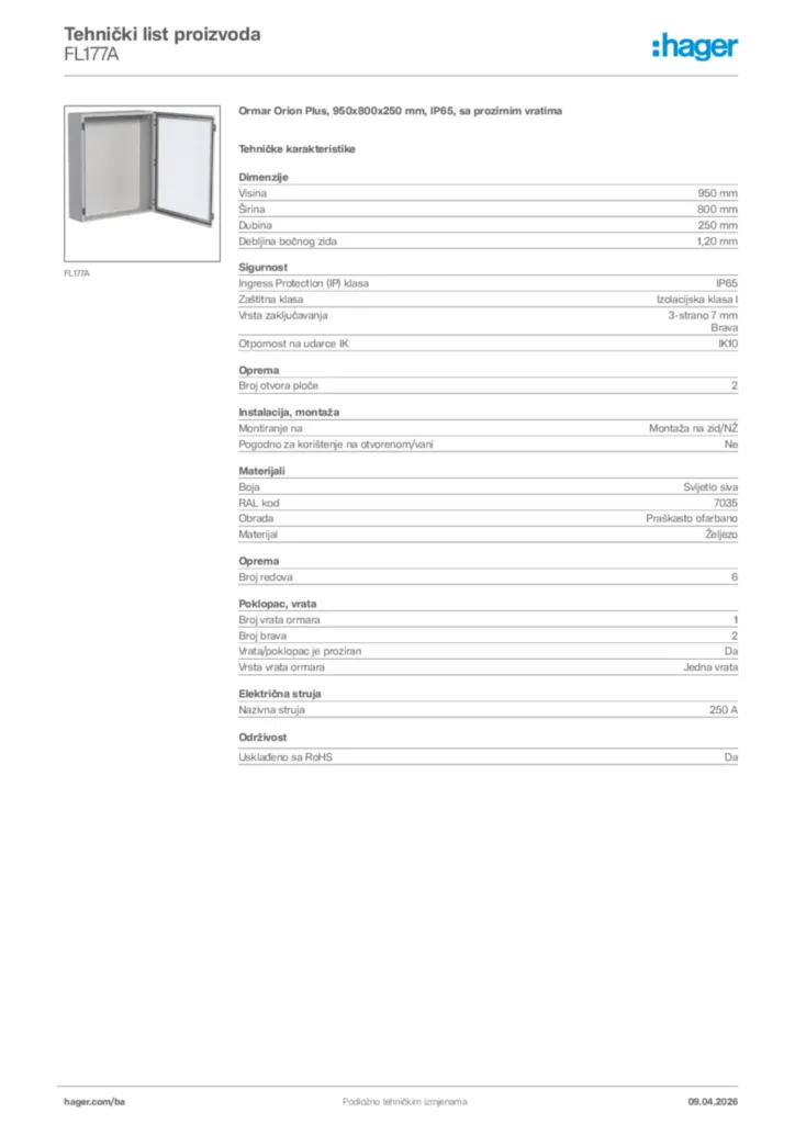 Slika Hager Tehnički list proizvoda FL177A  | Hager