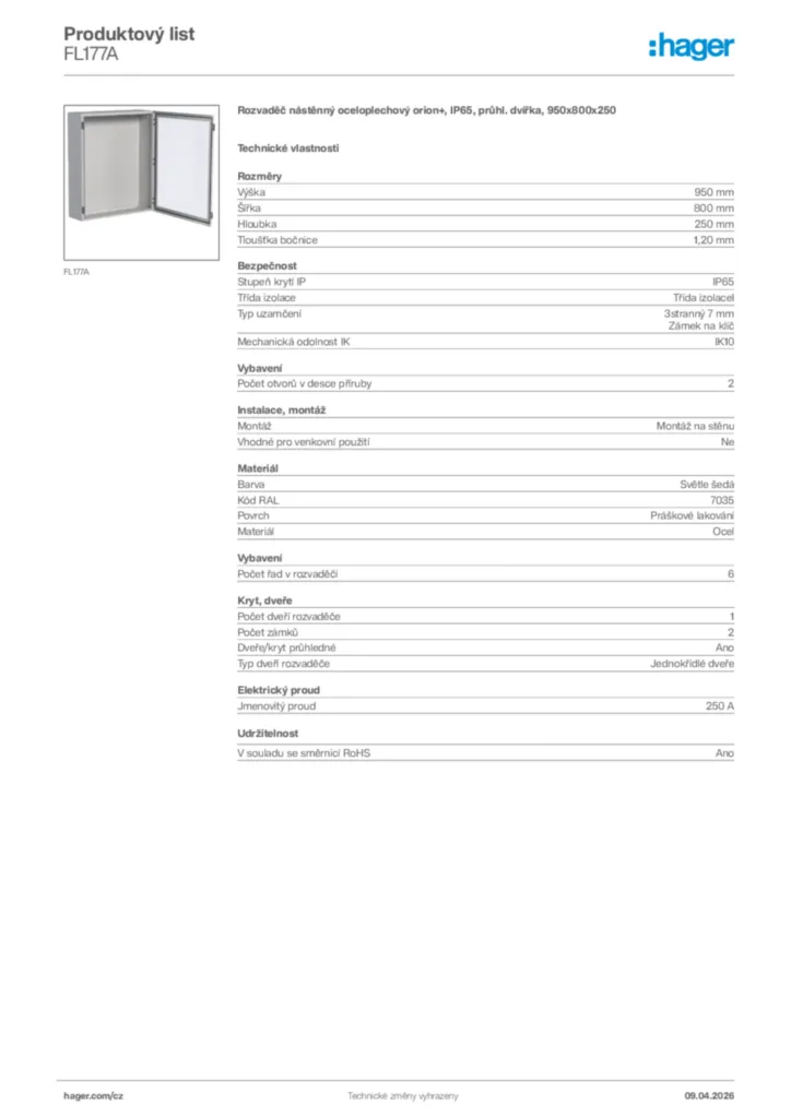 Obrázek Hager Product data sheet FL177A | Hager