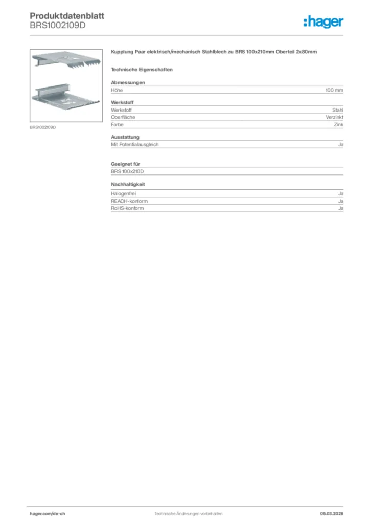 Bild Hager Produktdatenblatt BRS1002109D | Hager Schweiz