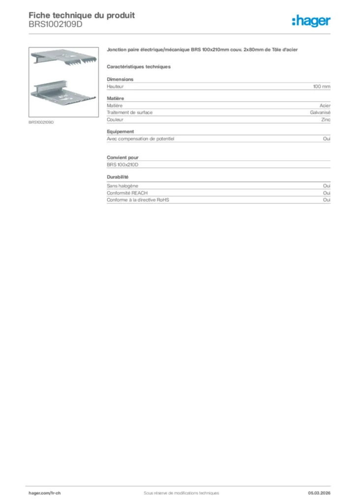 Image Hager Fiche technique du produit BRS1002109D | Hager Suisse