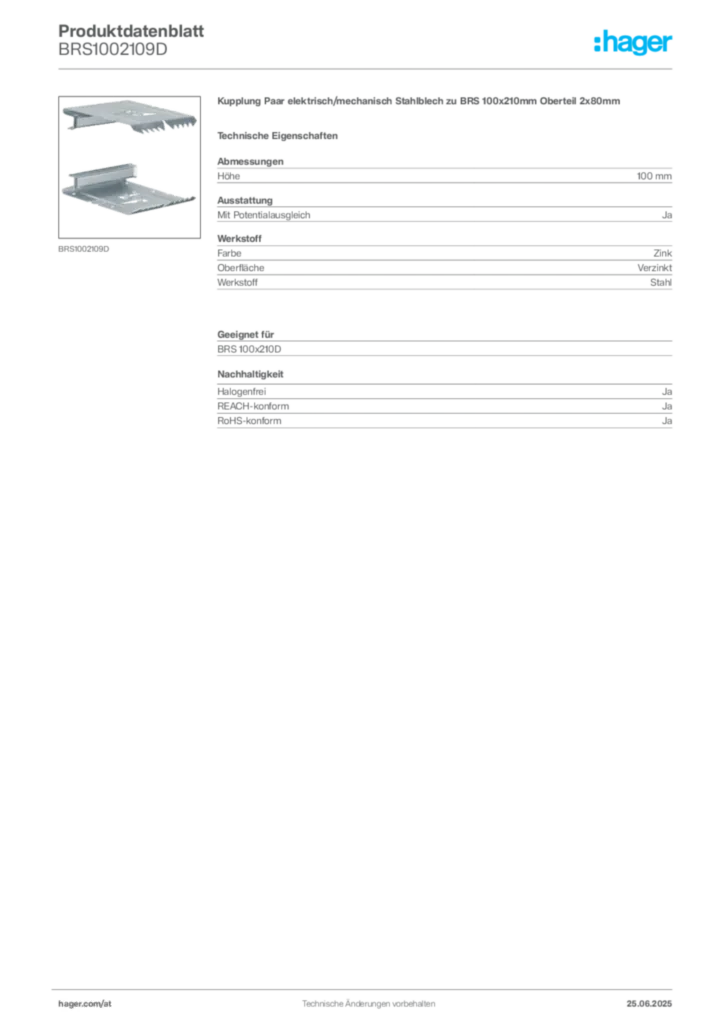 Bild Hager Produktdatenblatt BRS1002109D | Hager Deutschland