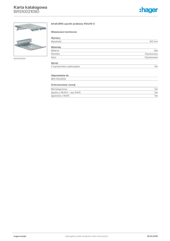 Zdjęcie Hager Karta katalogowa BRS1002109D | Hager Polska