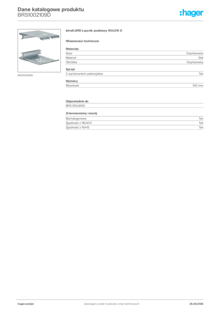 Zdjęcie Hager Dane katalogowe produktu BRS1002109D | Hager Polska