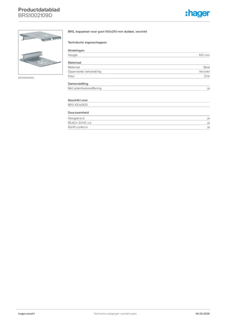 Afbeelding Hager Productdatablad BRS1002109D | Hager Nederland