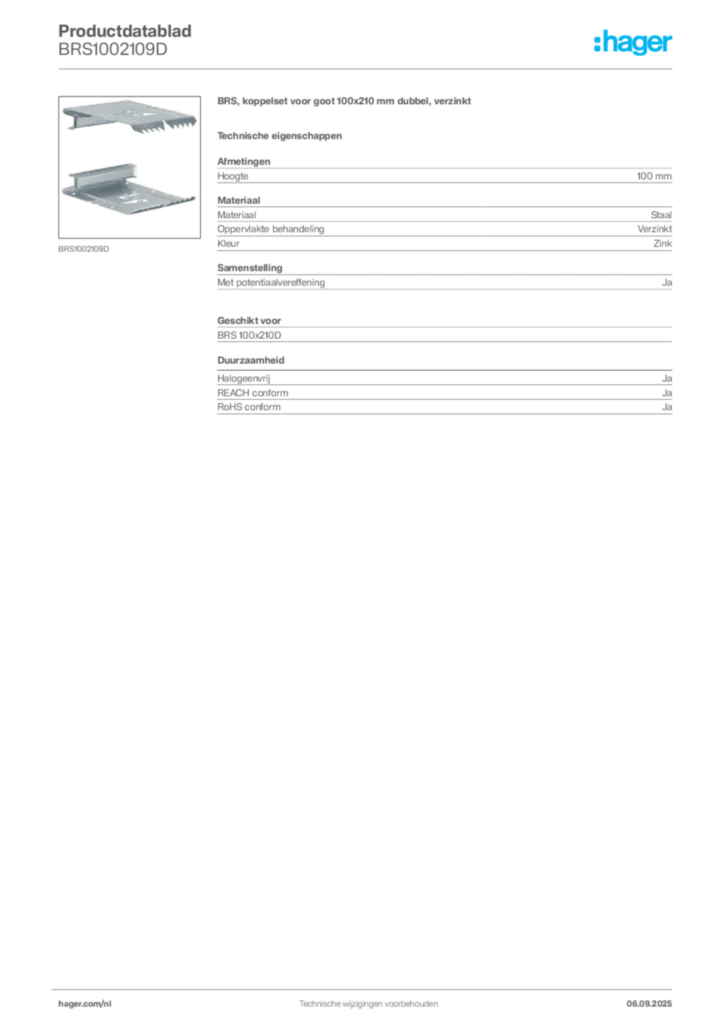 Afbeelding Hager Productdatablad BRS1002109D | Hager Nederland