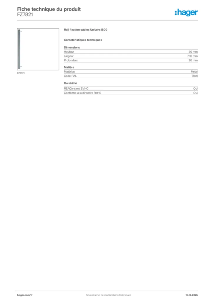 Image Hager Fiche technique du produit FZ7821 | Hager France